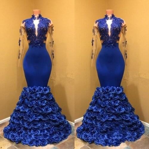 Blue Evening Dress Formal Gowns Full Sleeves Vestidos De Festa Floral Evening Dress Appliques Long Evening Dresses Elegant