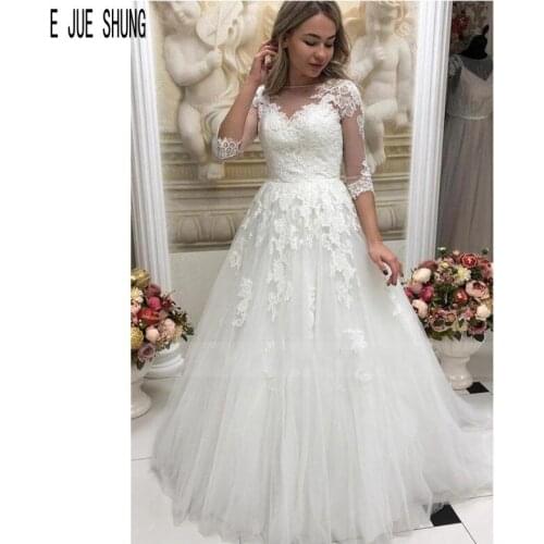 E JUE SHUNG Illusion Half Sleeves Wedding Dresses Boat Neck Button Back Lace Appliques Wedding Bridal Gowns vestido de noiva