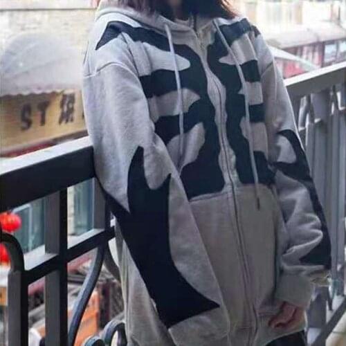 Spring Autumn Female Grey Hooded Sweatshirt Zipper Long Sleeve Loose Human Bones Printing Hoodies Coats Plus Size Women Clothing
