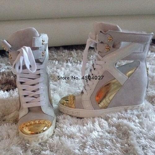 Women Chic Lace Up Platform Height Increasing Wedge Heel Leisure Shoes Gold Chain Patchwork Casual Shoes Booties