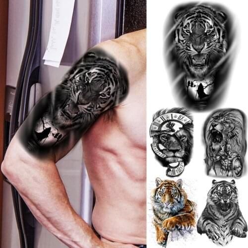3D Black Tiger Forest Temporary Tattoos For Men Adult Lion Tribe Realistic Animals Fake Tattoos Chest Washable Half Sleeve Tatoo