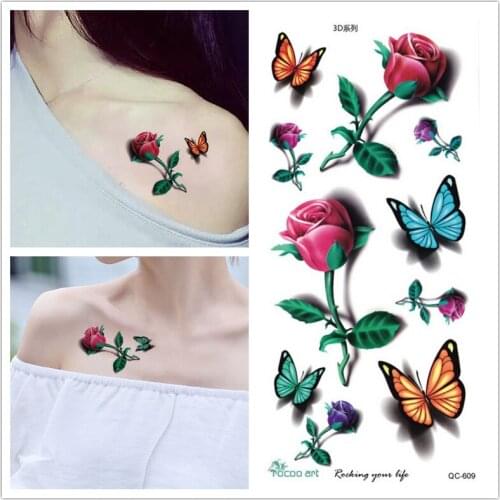 3D Temporary Tattoos Womens Waterproof Sexy Breasts Color Painted Butterfly Roses Fake Stickers on Body