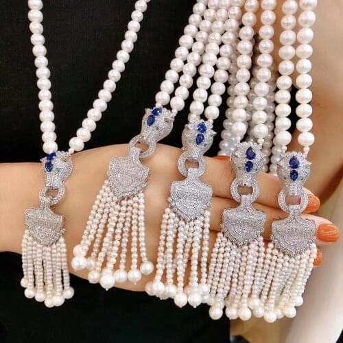 Green Eyes Leopard Pink Blue Zircon Natural Pearl Long Necklace for Women High Jewelry Party Necklace