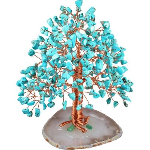 Green Howlite Turquoise Money Lucky Tree With Agate Slice Base Natural Crystal Mineral Specimen For Wealth And Luck Ornaments
