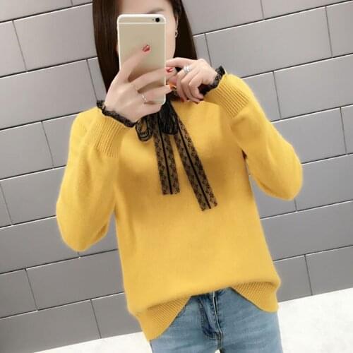 Womens Clothing Knitted Sweaters 2021 New Bottoming shirt Autumn Lace Bow Neck Long-Sleeve Knit Sweater Loose Lady Top Knitwear