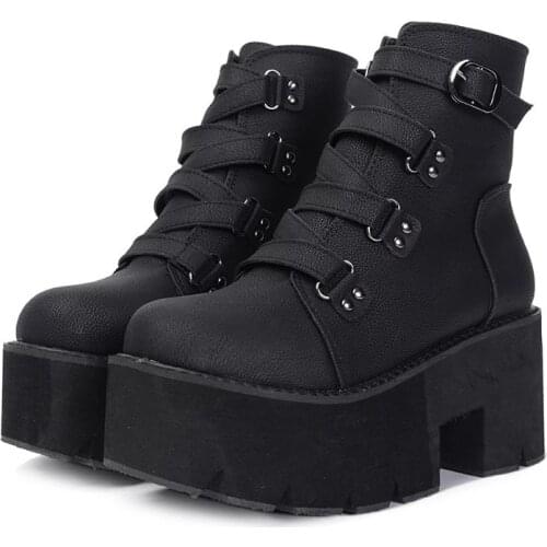 NEWDISCVRY Spring Autumn Ankle Boots Women Platform Boots Rubber Sole Buckle Black Leather PU High Heels Shoes Woman Comfortable