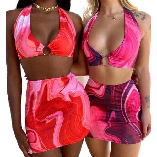 Fashion Trend Print 2 Piece Set Club Sexy Outfits Summer Suit Women V Neck Backless Bandage Vest Crop Top+Pencil Skirt