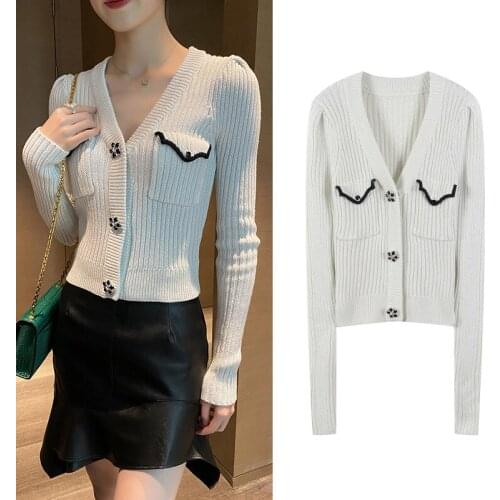 Fashion Cropped Tops Sweanter Cardigan Women V-Neck Long Puff Sleeve Lurex Vintage Knitted Tops 2021 Spring Autumn Lady Clothes