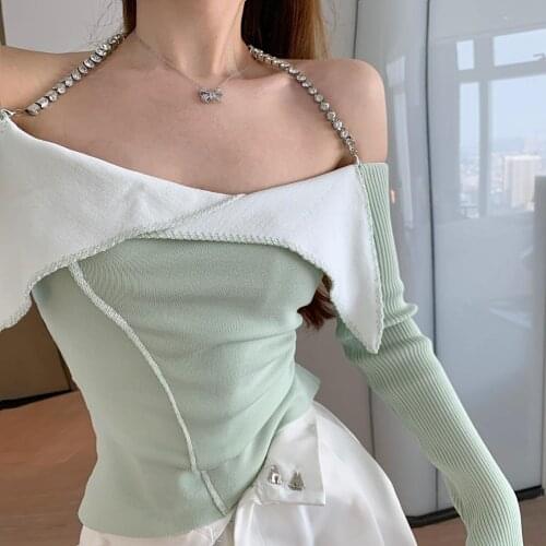 Early Spring Womens High Street Beading Chain Strap Splicing Knitting Tops Camis YOU173