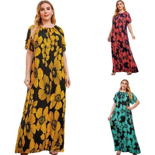 Women Print Long Dress Kaftan Bohemian Summer Casual Loose Sundress Abaya Plus Size 3XL Muslim Kaftan Dubai Islamic Vestido New