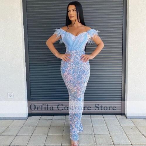 ORFILA Formal Mermaid Evening Dress Off The Shoulder Sequin Feather Party Prom Dresses Vestido De Fiesta De Boda
