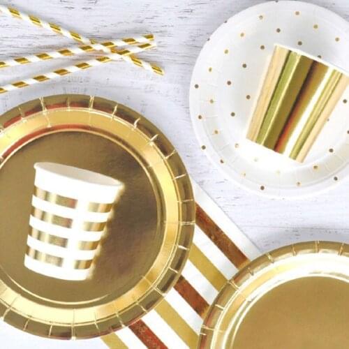 Gold Party Disposable Tableware Champagne Cup Plate Straws Happy Birthday Party Decor Kids Baby Shower Party Supplies 8pcs