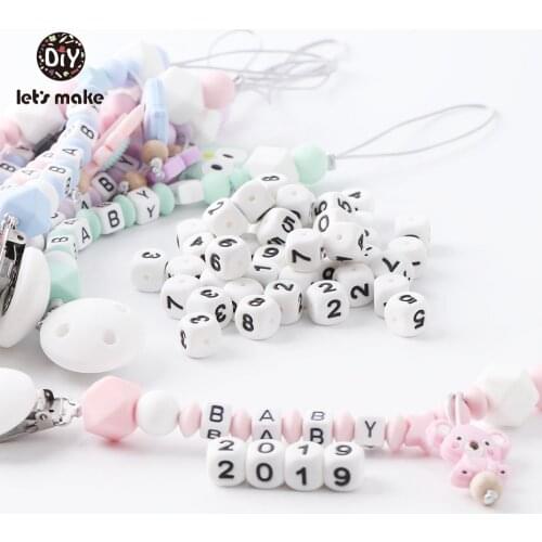 LetS Make 10Pc Silicone Teether 0-9 Number Letters Bpa Free Chew Beads Diy Pacifier Chain Baby Teethers Teething Square Bead