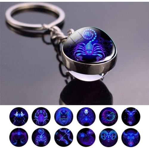 12 Zodiac Signs Keychain Aquarius Pisces Aries Taurus Gemini Cancer Leo Virgo Libra Scorpio Constellation Glass Ball Keychain