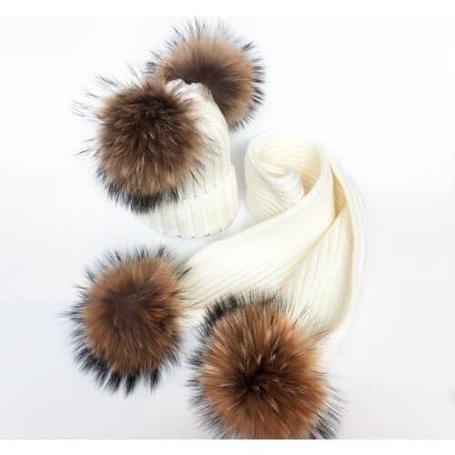 2020 Parent-Child Caps Cute Baby Pompom Winter Hat Scarf Sets Real Natural Fur Ball Caps Mother Kids Warm Knitted Hats Beanies