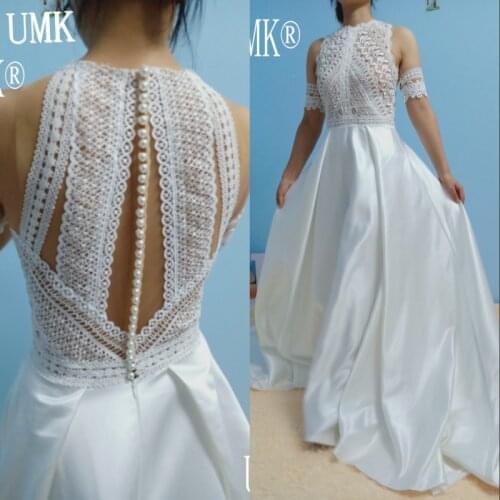 UMK Robe De Soiree 2020 Boho Wedding Dress Satin A-Line Lace Vestido De Noiva Detachable sleeve Sexy See Through Wedding Gowns