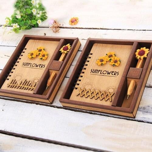Handmade Sunflower Wooden Cover Notebook Journals with Ballpoint Pen Perfect Gift Set for Travel Diary Art Sketchbook Notebook