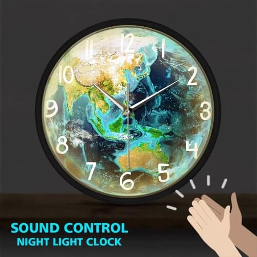 Planet Earth LED Luminous Sound Control Wall Clock Watch Clocks Sound-Activated Night Light Metal Frame Horologe Design for Home