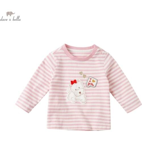 DBZ17157 dave bella spring baby girls cute bow cartoon striped print T-shirt children tops girl kids fashion tees