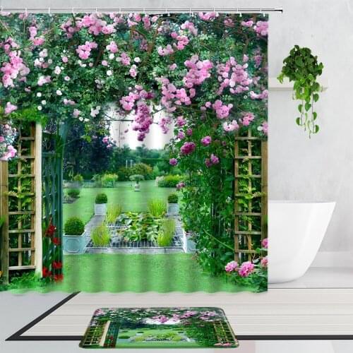 Beautiful Garden Arch Door Shower Curtains Green Leaf Flowers Idyllic Home Decoration Background Wall Decor Bathroom Curtain Mat
