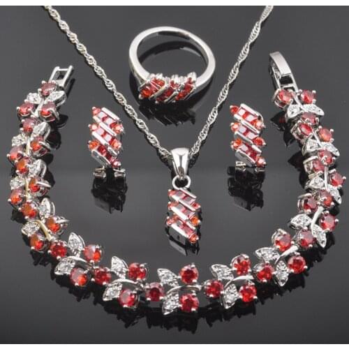 Fashion Red Zirconia Silver Color for Women Jewelry Sets Bracelet Necklace Pendant Earrings Ring QS0544
