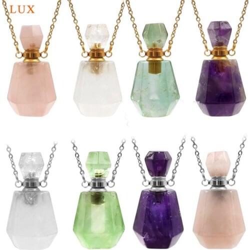 Natural GemStone Perfume Bottle Necklace Crystal Rose Quartz Essential Oil Diffuser Stone Gold Silver For Women Jewelry Chakra