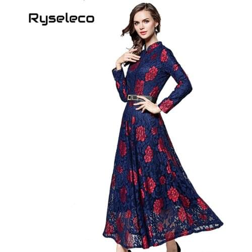 New Maxi Lace Dress Slim Fashion Sexy Hollow Out Work Casual Button Up Long Dresses Women Fall Winter A-line Big Vintage Vestido