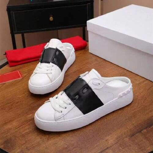 Genuine Leather Casual Shoes Women Slippers Mixed Color Rivets Decor Ladies Leisure Shoes Luxury Brand Designer Chic Woman Shoe