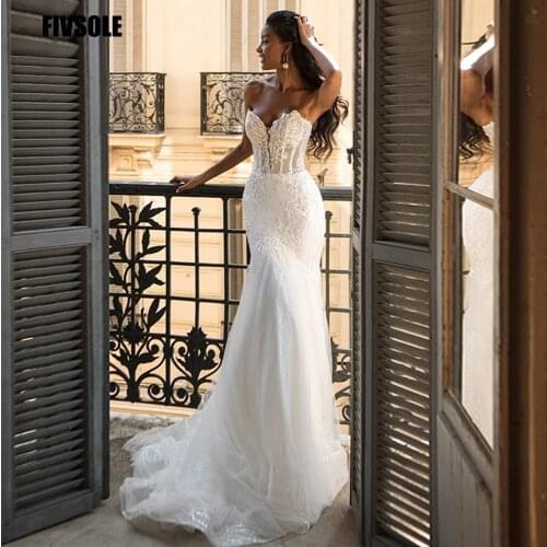 Fivsole Satin Mermaid Wedding Dresses 2021 Deep V-neck Beads Robe De Mariée Court Train Custom Made Bridal Dress 2021 With Bow