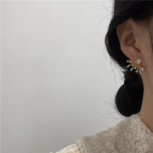 Hong Kong Style Temperament Ins Design Sense Fan Shaped Diamond Opal Micro-set Five-pointed Star French Earrings for Women Girls