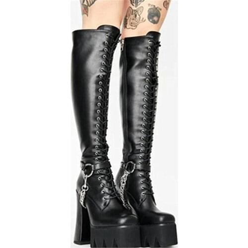 PXELENA Gothic Metal Chain Women Riding Motorcycle Biker Combat Knee High Boots Chunky Heels Punk Gothic Shoes Split Leather 41