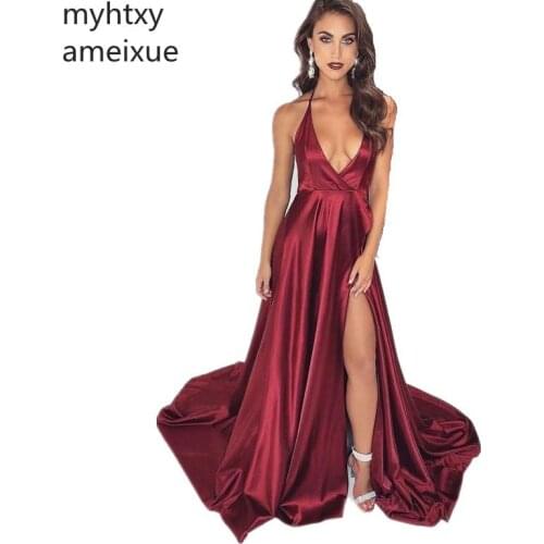 2020 V-neck Spaghetti Straps Floor Length A-line Side Slit Satin Red Evening Dresses Floor-Length Simple Style Women Prom Gowns