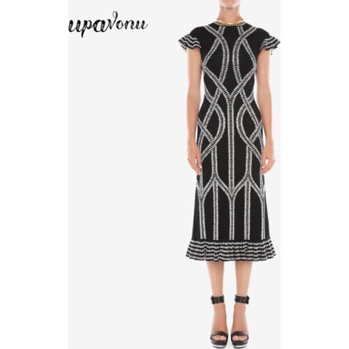 2020 New Womens Elegant Bandage Midi Dress Vestidos Sexy Black Striped Ruffled Bodycon Celebrity Runway Evening Party Dress