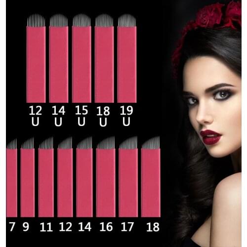 0.18mm 200pcs Red 7/9/12/14/16 U shape Tattoo Needles Microblading Blade Permanent Makeup Manual Eyebrow Bevel Blades TattooTool