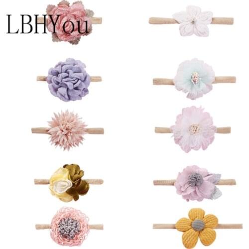 10pcs/set Floral Prints Girls Nylon Headbans Sets Newbron Baby Skinny Bows Soft Stretchy Hairbands Suit