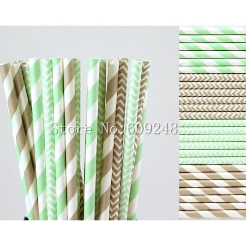 100pcs Drinking Party Paper Straws Mix,Mint and Grey Striped and Chevron,Gray Zig Zag,Eco Friendly,Disposable,Mason Jar Straws