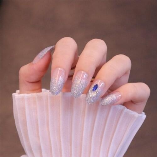 24pcs Glitter Gem Wear Long Paragraph Fashion Manicure Patch False Nails Save Time Wearable Nail Patch Fake Nails