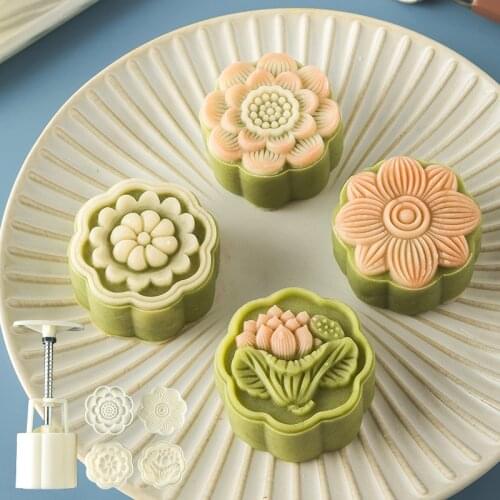 50g Mooncake Barrel Mold with 4/6 Flower Stamps Hand Press Moon Cake Pastry Mould DIY Bakeware Mid-autumn Festival