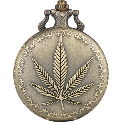 Antique Plant Leaf Display Full Hunter Necklace Pocket Watch Quartz Movement Vintage Bronze Pendant Chain Unisex Jewelry Clock