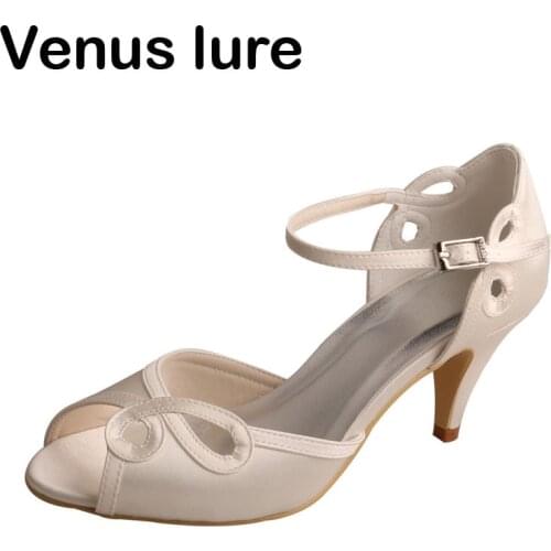 Wedopus Ivory Satin Bride Shoes for Wedding Thick Heel Peep Toe