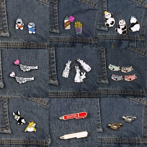 Cute Animal Brooch Set Cartoon Shark Giant Panda Rabbit Dog Corgi Pen Hand Heart Brooch Women Men Kids Enamel Lapel Pin Jewelry