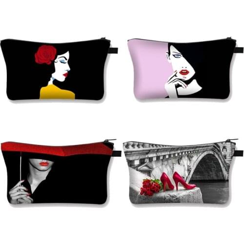 Black Cosmetic Bag Elegant Woman Red Lips Print Fashion Makeup Case Travel Portable Storage Bag Cosmetic Case