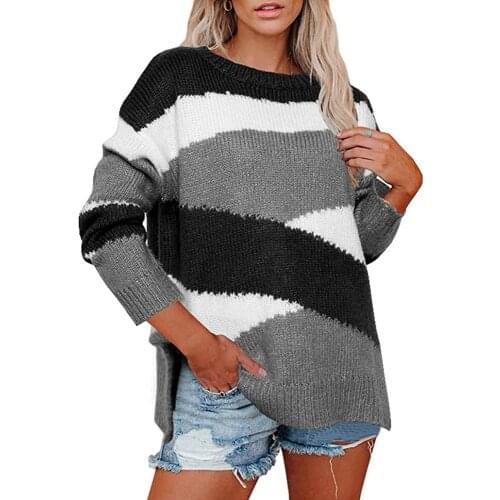 European and American hot style autumn and winter womens knitted sweater irregular striped pullover sweater women
