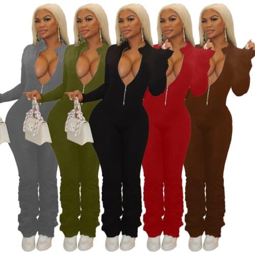 Solid Color Pleated Zipper Sleeve Simple Bodysuit Pants Womens Jumpsuit Exercise Exercise Walking Fitness Street Dress Jumpsuit
