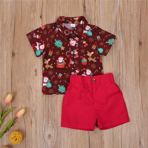Christmas Clothes Sets For Baby Boy Girls Short Sleeve Button Shirts Solid Color Short Pants Xmas Party Suit