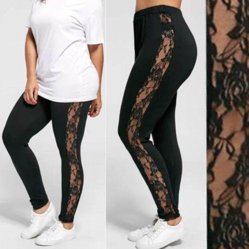 Fashion Casual New Women Ladies Floral Lace Side Panel Cut Out Black Leggings L Xl Xxl Xxxl