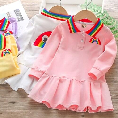 Hot Baby Girls Long Sleeve Dress For Spring Autumn Cute Rainbow Lapel Kids Princess Sport Tennis Dresses Children Clothes Gifts