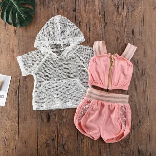 2020 Baby Summer Clothing Kids Baby Girls Mesh Hoodies Strap Camis Shorts 3PCS Solid Outfits Tracksuit 6M-5Y