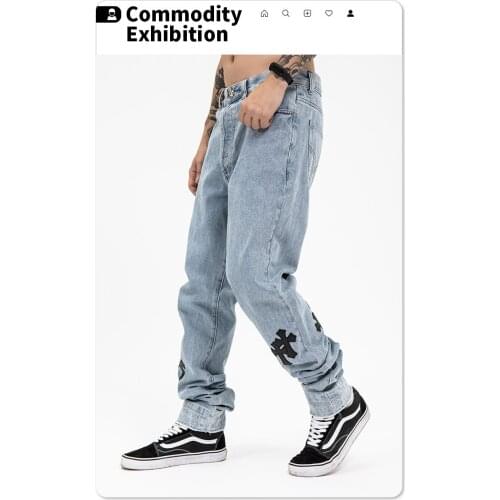 New Genuine Leather Cross Jeans For Men 2021 High Street Blue Jeans Homme Loose Straight Hearts Pants Moto Trouse