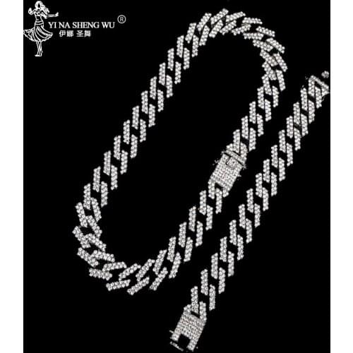 19MM Miami Prong Cuban Chain Link Silver Color 2 Row Necklaces Full Iced Out Rhinestones Bracelet Set For Mens Hip Hop Chains